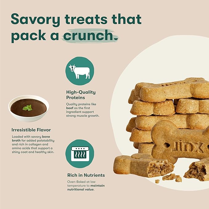 Jinx Oven-Baked Beef Bone Broth Biscuit Treats, Crunchy, All Natural, Superfood-Rich with Real Beef, Pumpkin & Blueberries, 16oz, 4 Pack