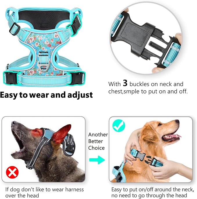Timos No Pull Dog Harness,NO Need Go Over Dogs Head 3 Snap Buckles Reflective Oxford No Choke Puppy Harness with Front & Back 2 Metal Leash Clips Soft Padded for Small Medium Large Dogs