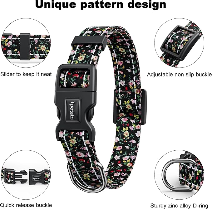 Tpotato Reflective Combination Pattern Girl Dog Collar for Puppy Small Medium Large Breed Dogs,Female Cute Floral Designer Dog Collars,Adjustable Soft Nylon Pet Collar,Quick Release Dog Collar M