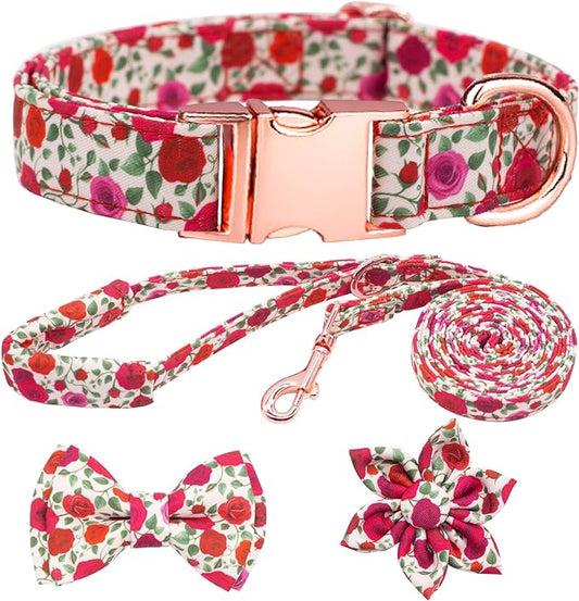 Dog Collar and Leash Set Girls Adjustable Puppy Collars with Floral Bow Tie for Small Medium Large Female Dogs, Red Rose, XS