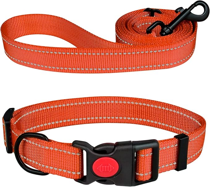 Reflective Dog Collar and Leash Set with Safety Locking Buckle Nylon Pet Collars Adjustable for Small Medium Large Dogs 3 Sizes(Orange&L)