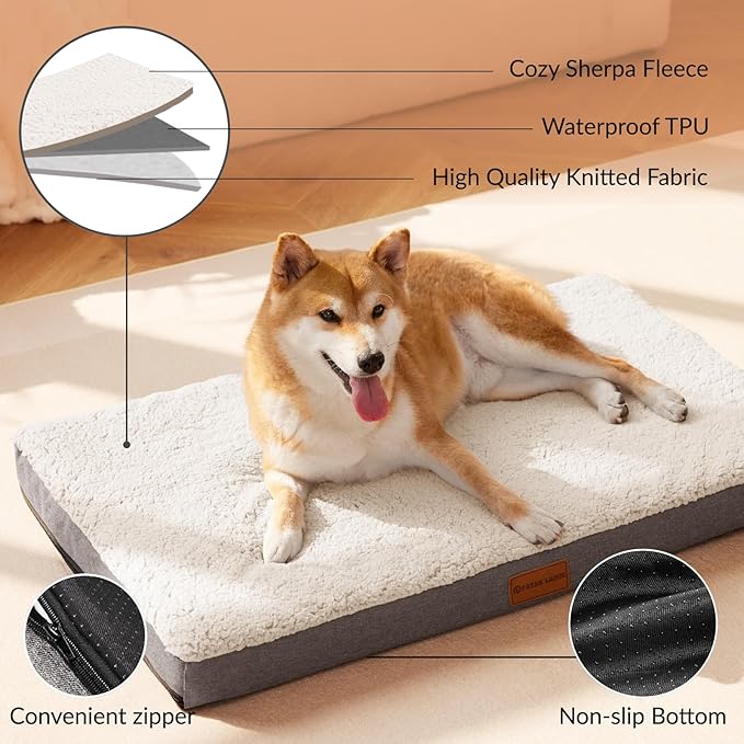 Patas Lague Orthopedic Dog Bed for Large Dogs, Soft Comfortable Waterproof Egg Crate Foam Medium Pet Beds Mat with Removable Washable Cover, 36''X24'' Ivory