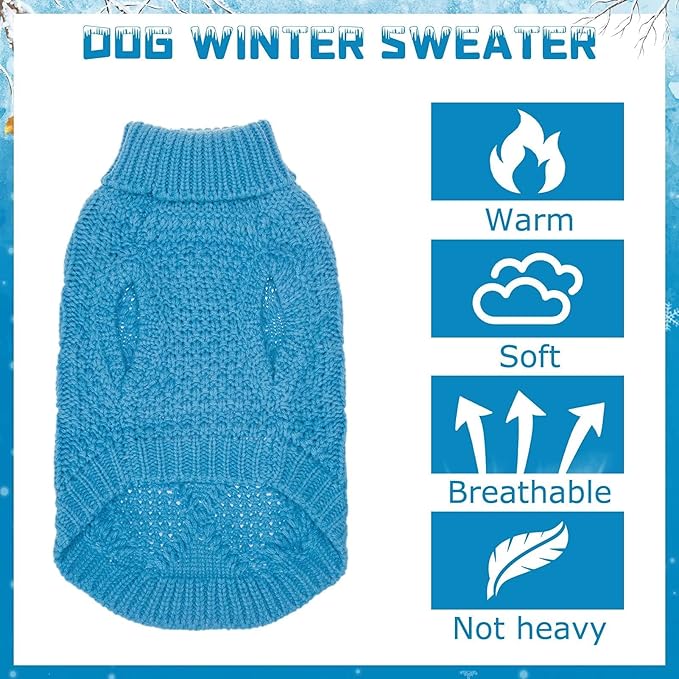 Mihachi Turtleneck Dog Sweater - Winter Coat Apparel Classic Cable Knit Clothes with Leash Hole for Cold Weather, Ideal Gift for Pet in New Year Lake Blue