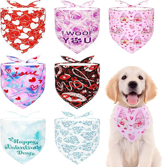 Valentine's Day Dog Bandanas for Small Medium Dogs Breed 25 Inch Heart Lip Rose Dog Bandanas Adjustable Dogs Scarves Grooming M 7 Pcs