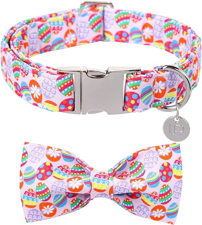 Easter Dog Collar with Bow Tie, Cotton Easter Bowtie Collar for Large Girl Boy Dog, Colorful Easter Eggs Pet Collar with Metal Buckle, Easter Gift Dog Collar, S