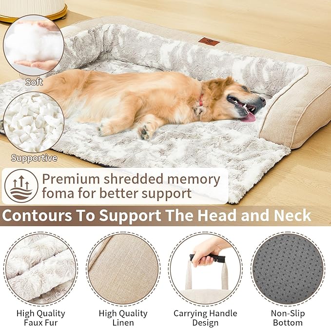 Calming Dog Couch Bed Mat, 35x31 Inch Waterproof Fluffy Sofa Cover, Furniture Protector with Handle, Removable and Washable Pet Bed for Small Medium Dogs and Cats (Beige)