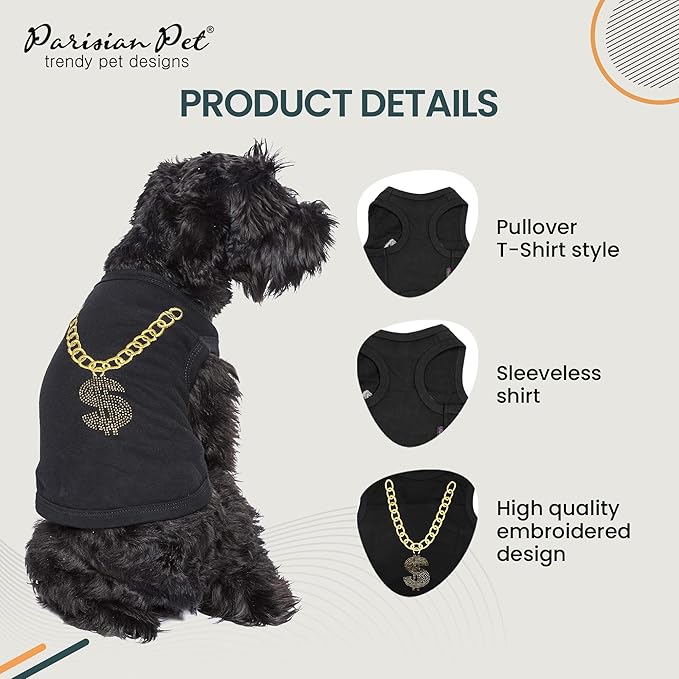 Parisian Pet Dog Tshirt - Embroidered “ Bling $ “ Dog Shirt - 100% Cotton and Breathable Dog Tank Top - Sleeveless Dog Tee Shirts - Machine Washable Dog Shirts for Small Dogs - Pet Vest - XXS
