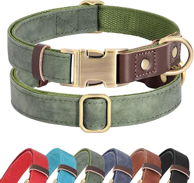 Didog Soft Padded Leather Dog Collar for Large Dogs,Classic Heavy Duty Dog Collars Adjustable with Quick Release Metal Buckle,Green,L Neck 15-23"