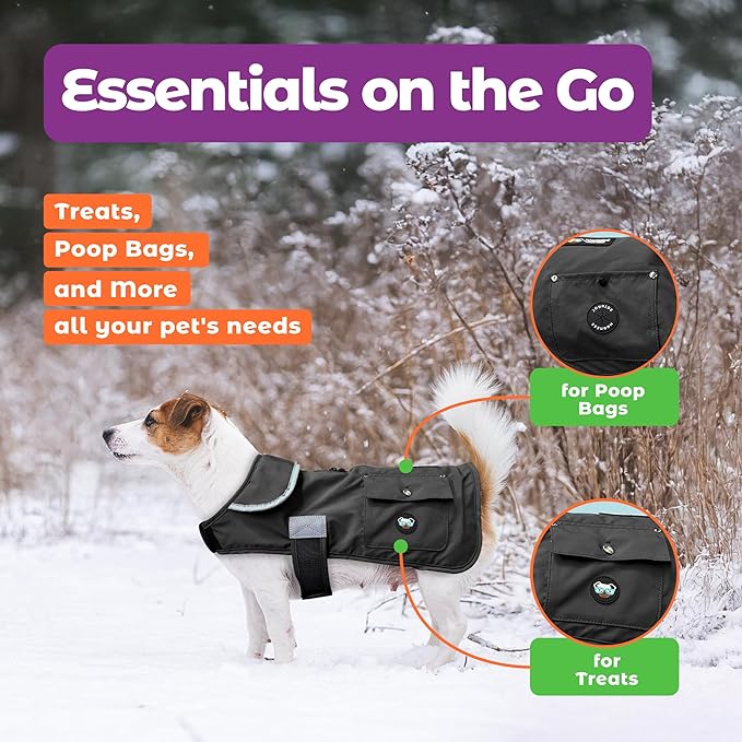 Joyride Harness FrostFlex Dog Winter Jacket - Fleece Lined & Water-Resistant - Snowsuit with Pockets for Treats & Poop Bags - Durable Cold Weather Dog Coat - Black Onyx-XXL