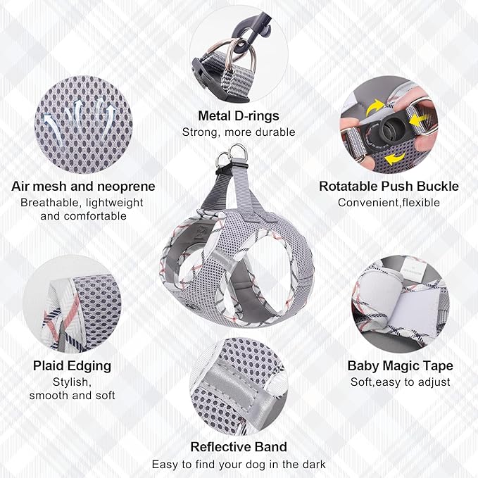BEAUTYZOO Dog Harness and Leash Set for Small Medium Dogs,No Pull Step-in Harness for Puppy S M Sized Dogs and Cats,Air Mesh Adjustable Breathable Soft No Chock Escape Proof Vest Harnesses,Grey L