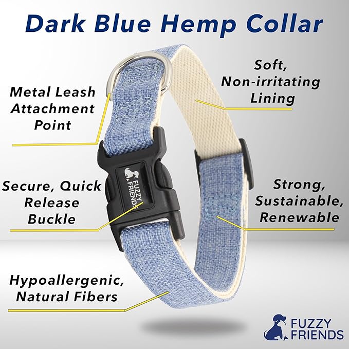 Dark Blue Hemp Dog Collar - Hypoallergenic Dog Collar - Comfortable for Sensitive Skin or Allergies with no Harsh Dyes or Chemicals - 5 Sizes from X-Small to x-Large Breeds