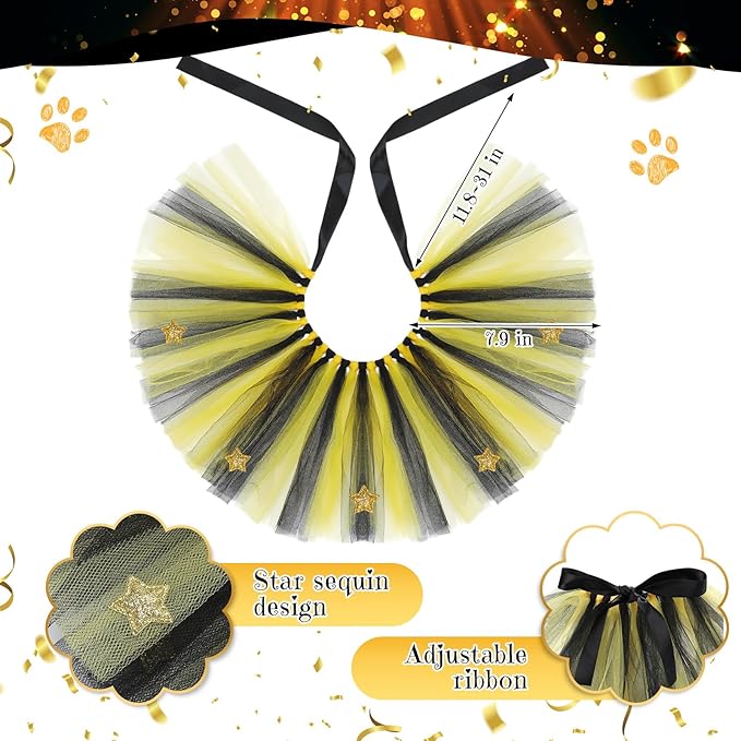 3 Pcs New Year Dog Costume Set Including Wine Glass Headband Happy New Year Dog Tutu Dress Cute Pet Tutu Gold and Black Star Pet Scarf for Medium Animal Holiday Outfit Accessory