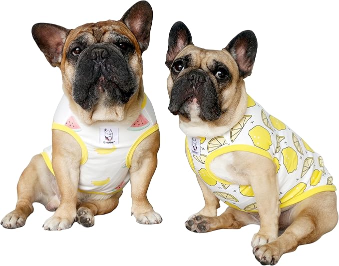 iChoue 2pcs French Bulldog Fruits Pattern Shirts 100% Breathable Cotton Tank Tops Vests Clothes for Frenchie Dogs, Lemon and Watermelon, Medium