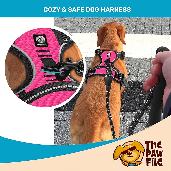 Dog Harness and Leash Set - No Pull Vest & Reflective Leash with Foam Handle, Adjustable Oxford Halter, for Walking & Training - Includes 150 Poop Bags & Bone-Shaped Dispenser - Pink, S