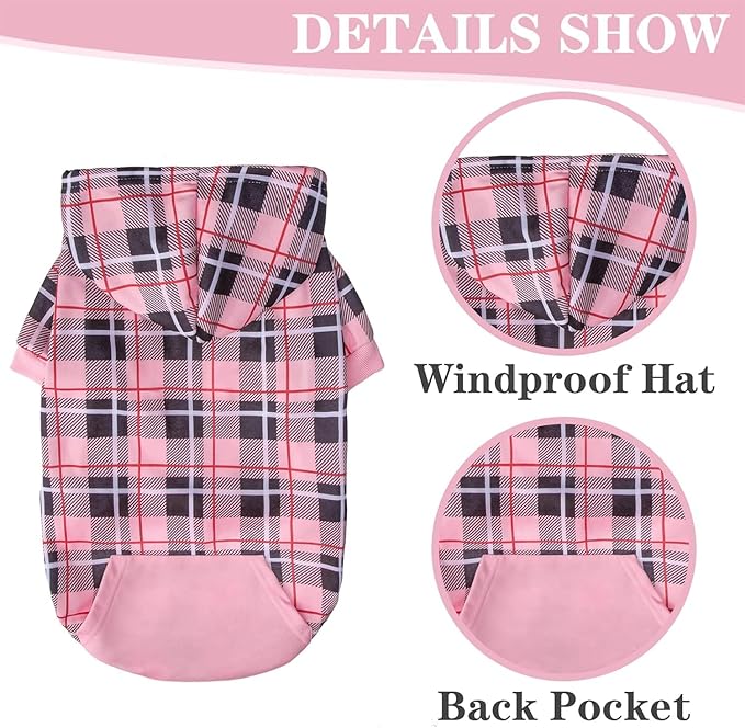 EXPAWLORER Plaid Dog Hoodie - British Style Warm Dog Sweater Shirt with Leash Hole,Pitbull Clothes Outfits,Winter Coat Apparel for All Breeds Puppy Girl Boy-Cat Apparel