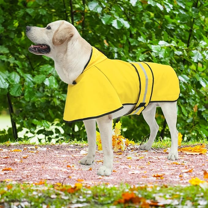 KOOLTAIL Dog Raincoat Hooded Slicker Poncho with Leash Hole, Raincoat for Large Dogs, Waterproof Doggie Rain Jacket with Reflective Strip, Adjustable Breathable Extra Large Rainwear-Yellow Solid