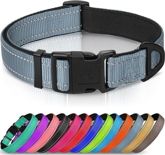 Joytale Reflective Dog Collar,Soft Neoprene Padded Breathable Nylon Pet Collar Adjustable for Large Dogs,Gray,L