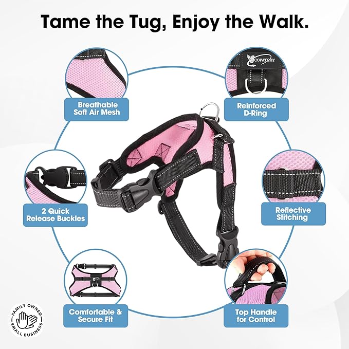 No Pull Reflective Adjustable Dog Harness With Handle- Comfortable Soft All Weather Mesh, Easy On Puppy Harness For Small Medium and Large Dogs (Pink) Small