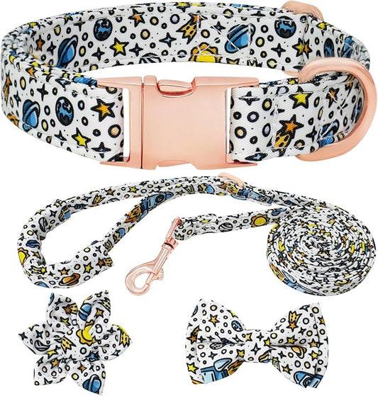 Dog Collar and Leash Set Girls Adjustable Puppy Collars with Floral Bow Tie for Small Medium Large Female Dogs, Solar System, L