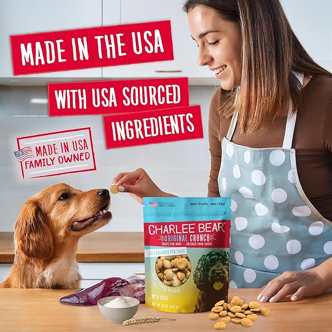 Charlee Bear Original Crunch with Liver Dog Treats, 16 oz (2-Pack) - Made in the USA Natural Training Treats for Dogs