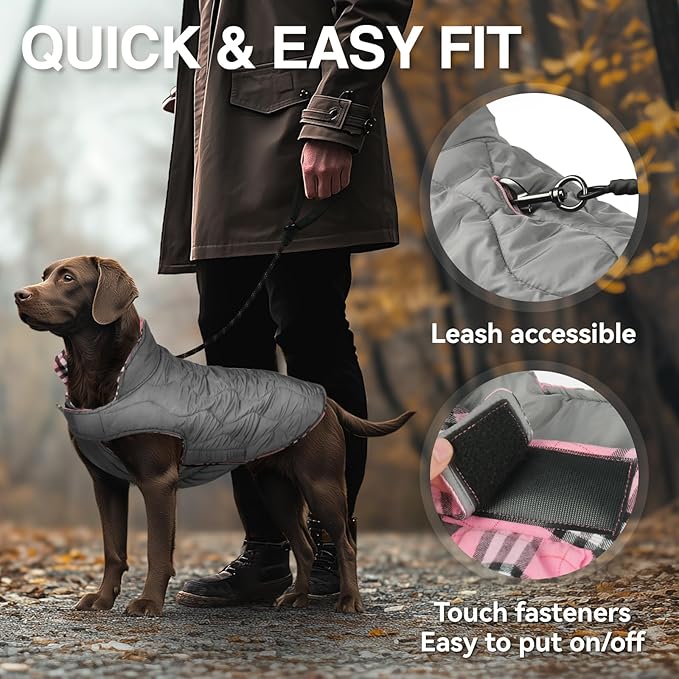 VIVAGLORY SoftJoy Dog Winter Coat - British Style Plaid Jacket & Vest for Snow, Cold Weather - Heavy Duty, Warm & Cozy, Reversible - S Pink