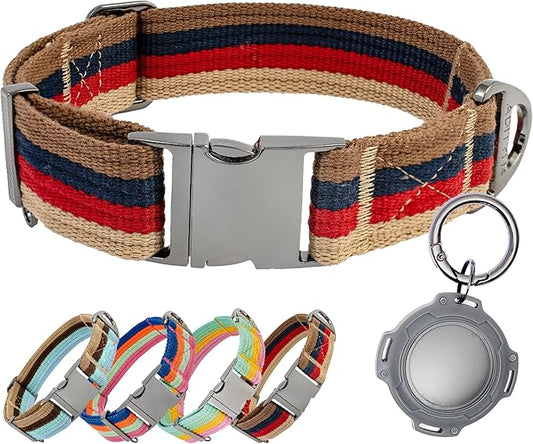 ADITYNA Cotton Dog Collar with AirTag Holder - Heavy-Duty Metal Buckle, Breathable, Easy Adjustable for Large & Extra-Large Breeds - for Walking, Training (Vintage Stripes, Fits 19-30" Necks)