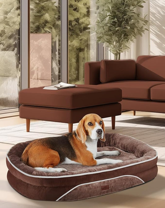 OhGeni Orthopedic Dog Couch Large Sized Pet Beds for Fathers Gifts with Comfort Foam Support, Soft Indestructible Fabric, Machine Washable Waterproof Removable Cover, 35-Inch (Brown)
