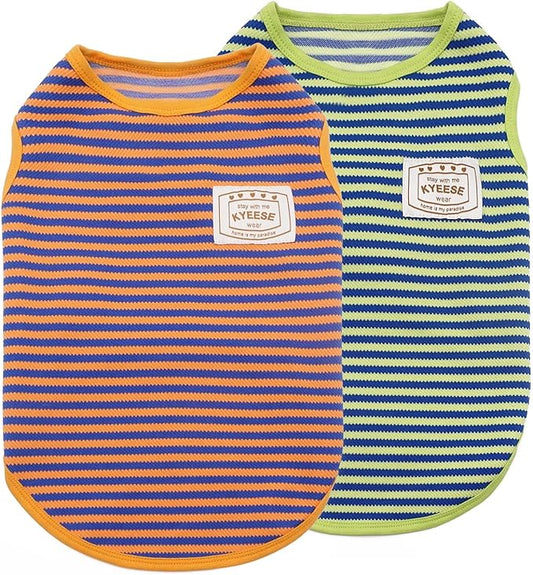 KYEESE 2Pack Dog Shirts Striped for Small Dogs Soft Stretchy T-Shirts Lightweight Tank Top Sleeveless Vest Breathable Cat Shirt, Medium, Orange+Green