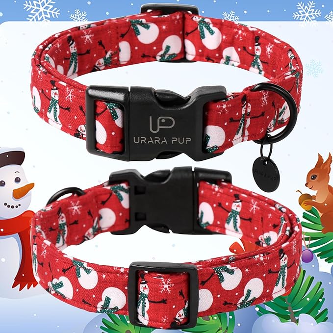 Red Christmas Dog Collar, Cute Snowman Christmas Collar with Quick Release, Comfortable Cotton Dog Collar for Puppy Girl Boy Dog