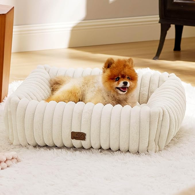 Bedsure Cute Dog Bed for Small Medium Dogs - Washable Furry Puppy Beds, Rectangle Orthopedic Corduroy Fleece Pet Beds with Removable Zipper Cover, 25x21x7inches, Cream