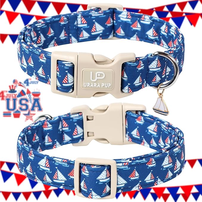 USA Flag Dog Collar, 4th of July Comfortable Cotton Dog Collars, American Flag Collar for Medium Girl Boy Dogs, Patriotic Collars with Sailboats Pattern