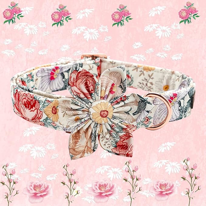 Elegant Little Tail Vintage Floral Dog Collar with Flower, Comfortable Dog Collar for Small, Medium, Large Dogs