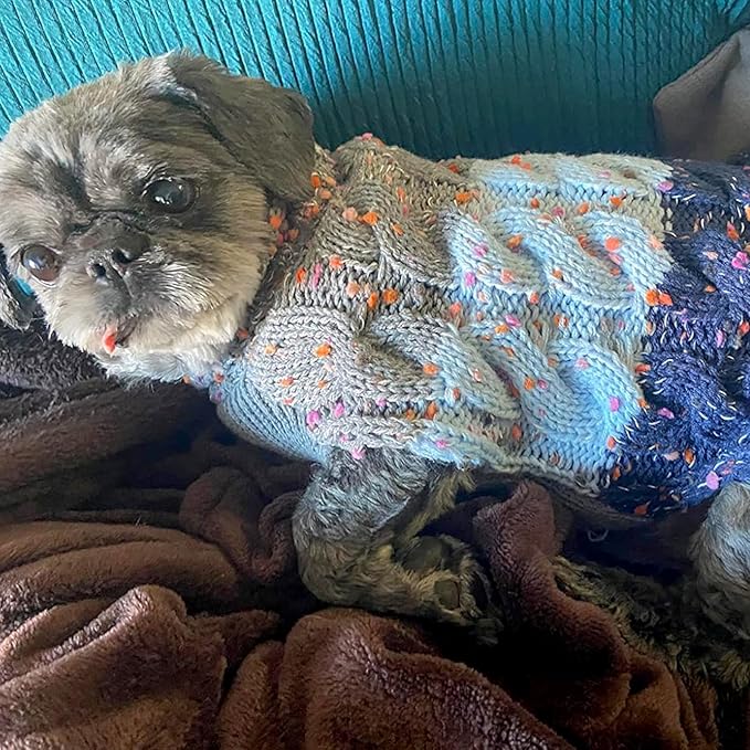 KYEESE Color Block Sweater With Fuzzy Thread Knitted Turtleneck Knitwear With Dots in Variety of Colors for Small Dogs Fall Winter Clothes, Navyblue, M