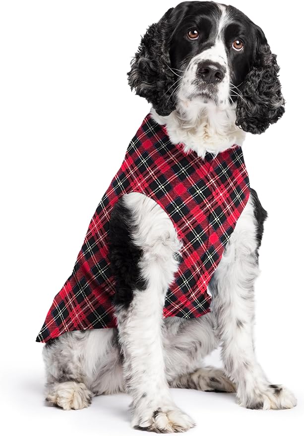Stretch Fleece Dog Coat, Stretchy Pet Sweater, Machine Washable Pullover for Winter and Fall, Red Classic Plaid, 20