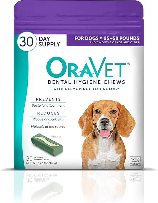 ORAVET Dental Chews for Dogs, Oral Care and Hygiene Chews (Medium Dogs, 25-50 lbs.) Purple Pouch, 30 Count