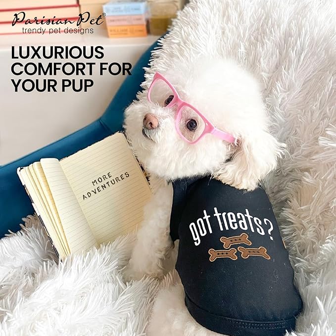 Parisian Pet Dog Tshirt - Embroidered “ Got Treats? “ Tank Top - 100% Cotton and Lightweight Dog Clothes - Sleeveless Black Tee Shirts - Machine Washable Shirt for Small Dogs - Pet Vest - XS