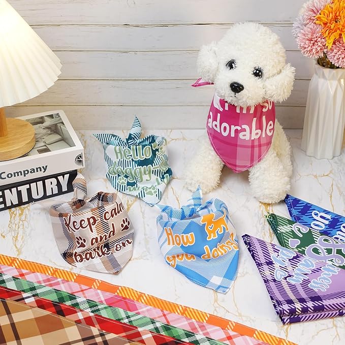 Buryeah 500 Pcs Plaid Dog Bandanas Bulk for Groomers Pet Scarf Puppy Bibs with Cute Sayings Adjustable Washable Pet Spring Summer Accessories for Small to Large Dogs Cats(Assorted Plaid)
