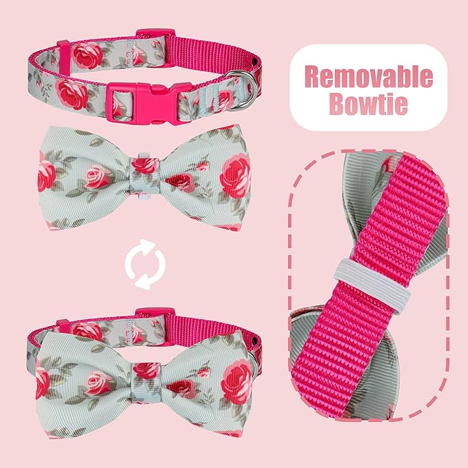 azuza Dog Collar with Bow Tie, Soft and Comfortable Adjustable Bowtie Dog Collar for Puppy and Small Dogs (XS, Camellia Flower)