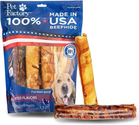 Pet Factory 100% Made in USA Beefhide 8" Rolls Dog Chew Treats - Beef & Chicken Flavor, 10 Count/1 Pack