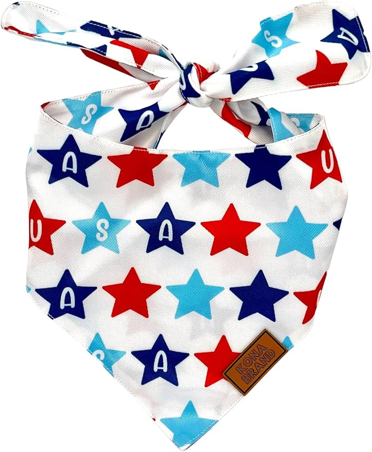 KonaBrandCo- Premium Handmade Dog Bandana | Dual Layered Silky Durable Polyester Fabric | Adjustable Fit Custom Shape- Won't Roll (Medium, BENNY- USA STARS)