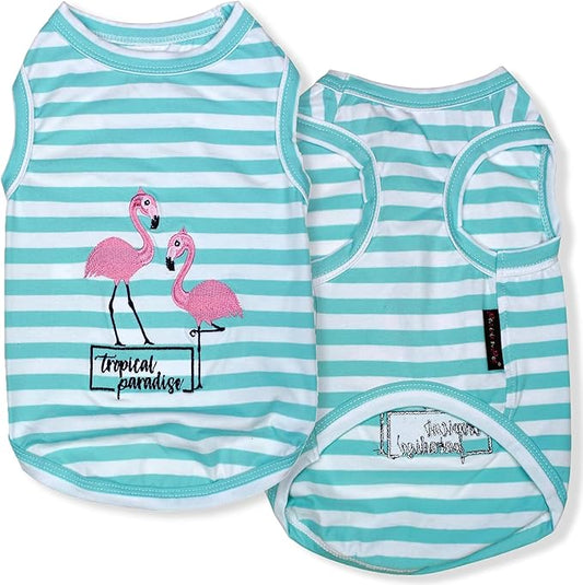 Parisian Pet Dog Tshirt - Embroidered “ Flamingos “ Tank Top - 100% Cotton and Lightweight Dog Clothes - Sleeveless Tee Shirts - Machine Washable Shirt for Large Dogs - Pet Vest - 3XL