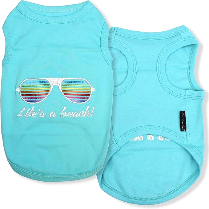 Parisian Pet Dog Tshirt - Embroidered “Life’s a Beach“ Lightweight Tank Top - 100% Cotton, Tee Shirts - Summer Dog Clothes - Machine Washable Shirts for Large Dogs - 3XL