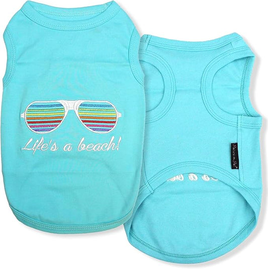 Parisian Pet Dog Tshirt - Embroidered “Life’s a Beach“ Lightweight Tank Top - 100% Cotton, Tee Shirts - Summer Dog Clothes - Machine Washable Shirts for Large Dogs - XL