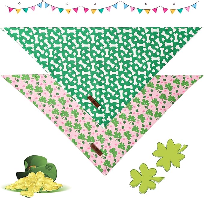 Lionet Paws St. Patrick 2pcs Dog Bandanas, Green Clover Dog Scarf Bib Premium Fabric, Happy St. Patrick Pink Bandanas for Small Medium Dogs Pets