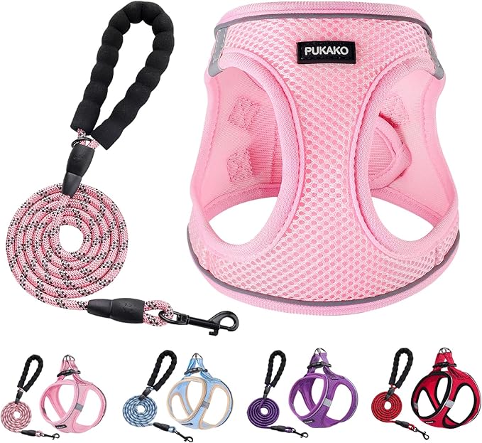 Puppy Harness & Leash Set - Small Dog Size, Soft Mesh & Reflective Bands, Pink, XS