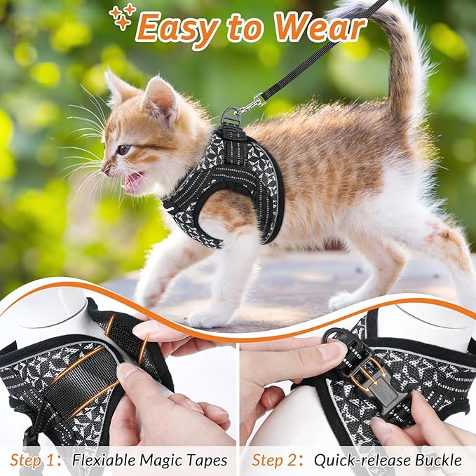 Cat Harness and Leash Escape Proof for Walking, Safe Adjustable Medium Kitten Vest Set with Reflective Strip for Kitty, Easy Control Comfortable Soft Outdoor Pet Harnesses, Black, Medium