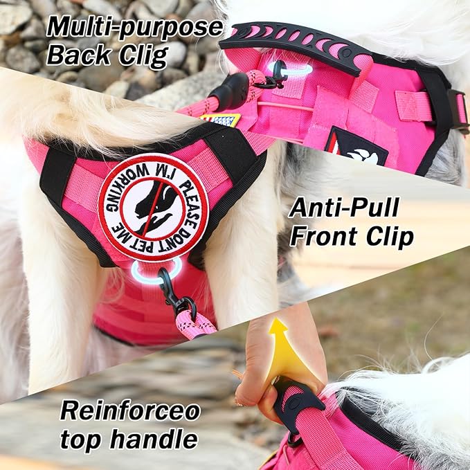 No Pull Tactical Dog Harness for Large Dogs, Escape Proof Molle Dog Vest Harness and Leash Set, Adjustable Military Service Dog Harness with Handle for Medium Large Dogs(Pink, S)