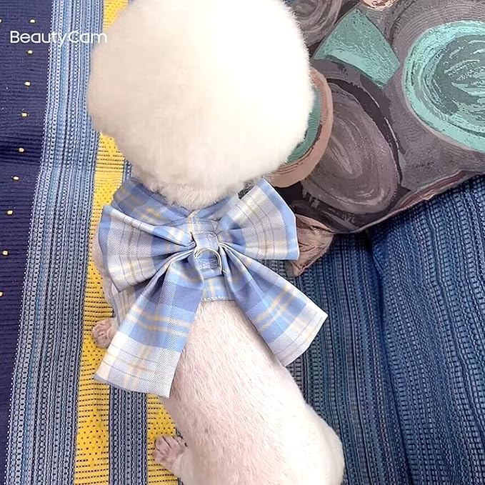 Plaid Dog Dress Bow Tie Harness Leash Set,Dog Clothes Harness Dress with Leash Ring for Small Dogs Girl, Puppy Princess Rabbit Clothes Chihuahua Yorkies Pet Outfits (Blue, X-Small)