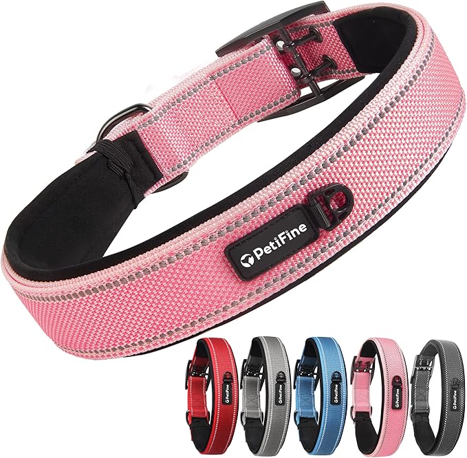 PetiFine Neoprene Padded Dog Collar, Heavy Duty Comfort Dog Collar with Durable Metal Buckle, Reflective Adjustable Belt Buckle Dog Collars for Medium Large Dogs(24''-28'', Pink)