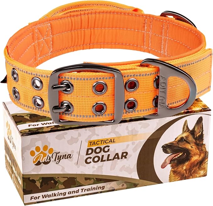ADITYNA Heavy Duty Dog Collar for Medium Dogs - Reflective Orange Collar with Handle for Training, and Walking - Wide, Thick, Tactical, Soft Neoprene Padded
